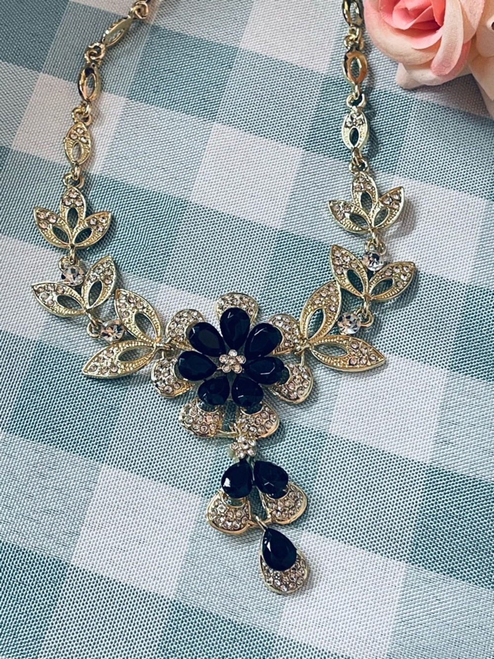 Gold-Tone Floral Statement Necklace with Black Stones